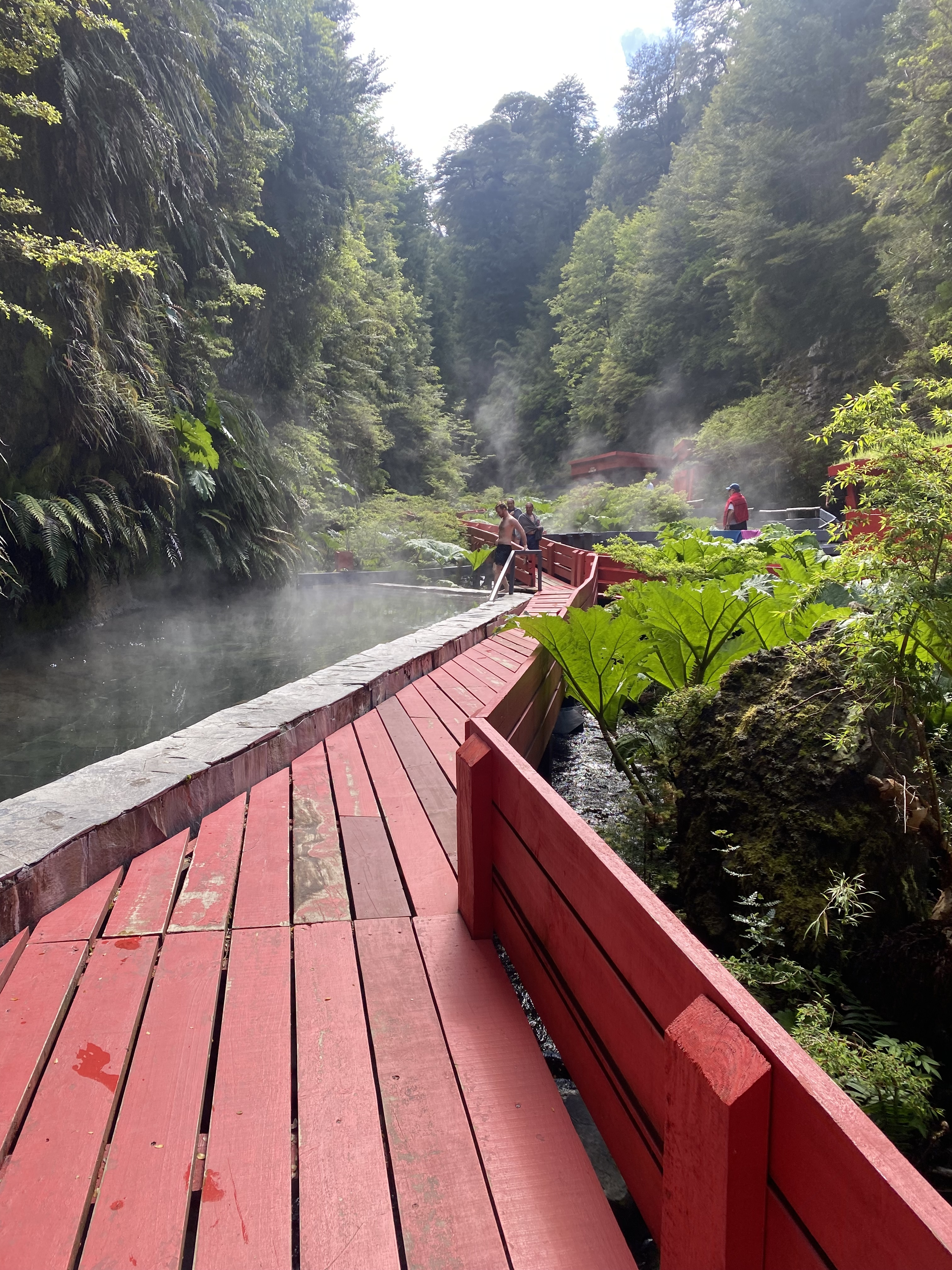 Red walkways at the termas